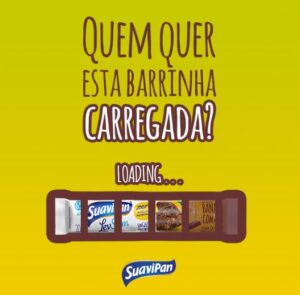 imagem de fundo em tom amarelo e à frente o texto: "Quem quer esta barrinha carregada? Loading" seguido da imagem de uma barrinha de cereal como se fosse a barra de carregamento de celular. Por fim, abaixo há o logo da SuaviPan.